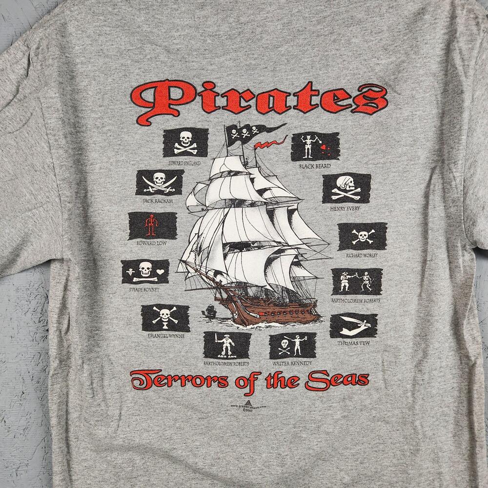 Vintage Pirates Shirt Mens Medium Gray Beaufort NC Terrors of the Seas Y2K Bar